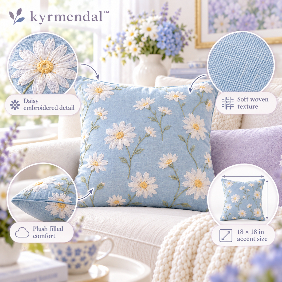 𝐤𝐲𝐫𝐦𝐞𝐧𝐝𝐚𝐥™ Daisy Embroidered Accent Pillow